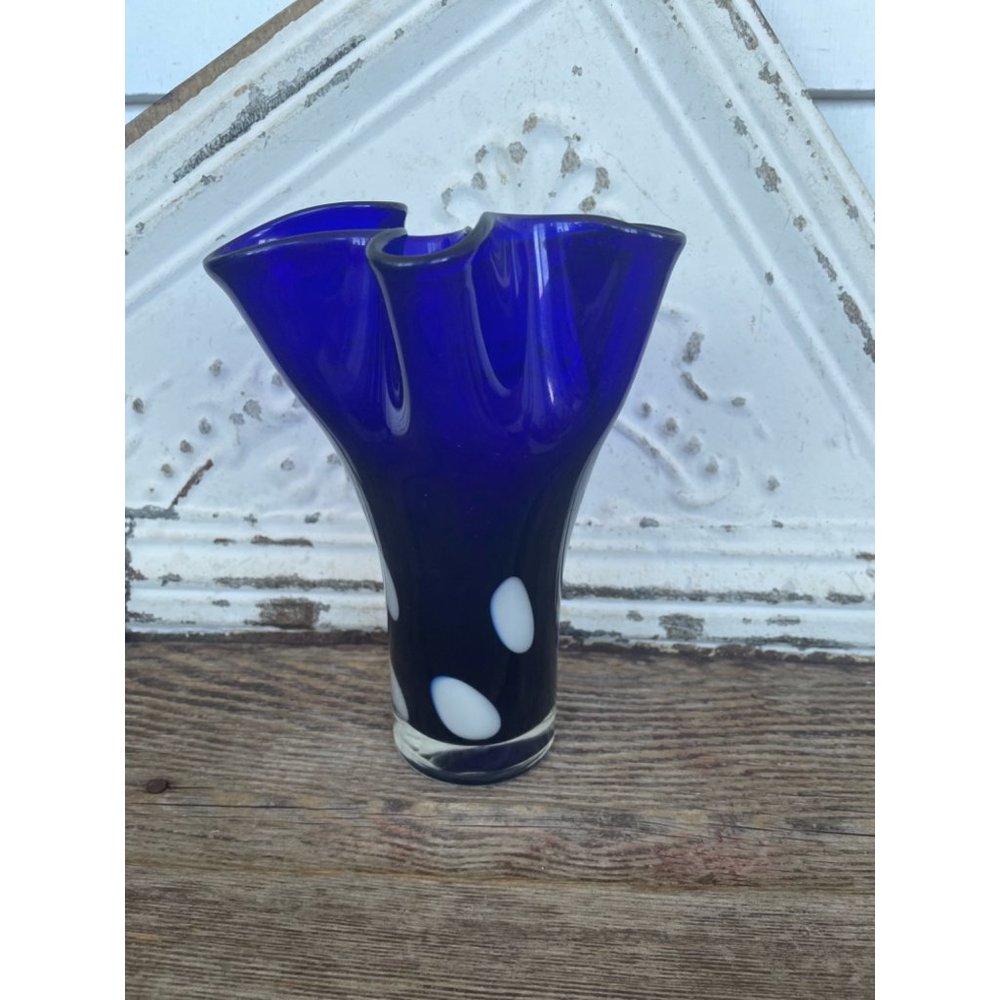 Vintage Art Glass Cobalt Blue White Polka Dot Handkerchief Vase - Picture 8 of 8